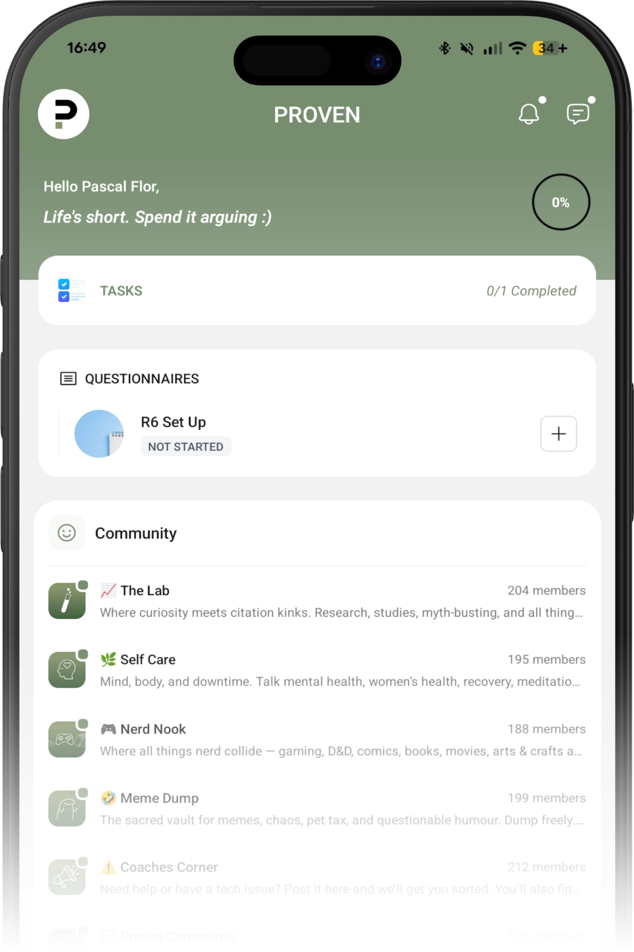 Proven community screen inside the app
